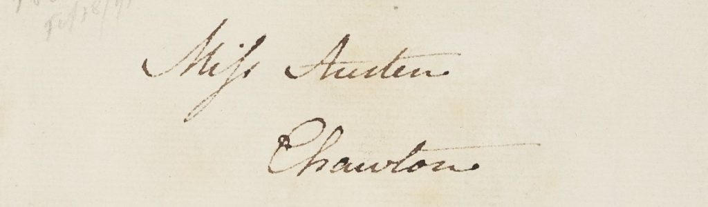 Envelope reading: Miss Austen, Chawton. Written by Jane Austen to Cassandra Austen, 1813. Detail from Oxford, Bodleian Library MS. 21838: https://digital.bodleian.ox.ac.uk/objects/4ed2b41d-fdc2-4824-9d26-55957ee35040/ CC BY-NC 4.0