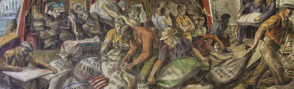 Detail from Reginald Marsh "Unloading the Mail". Photo by Carol M. Highsmith. Full scale image available at https://hdl.loc.gov/loc.pnp/highsm.24950. No known copyright restrictions.